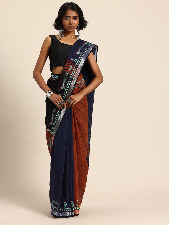 Handloom Navy Colour Block Cotton Kantha Saree | SHOBITAM