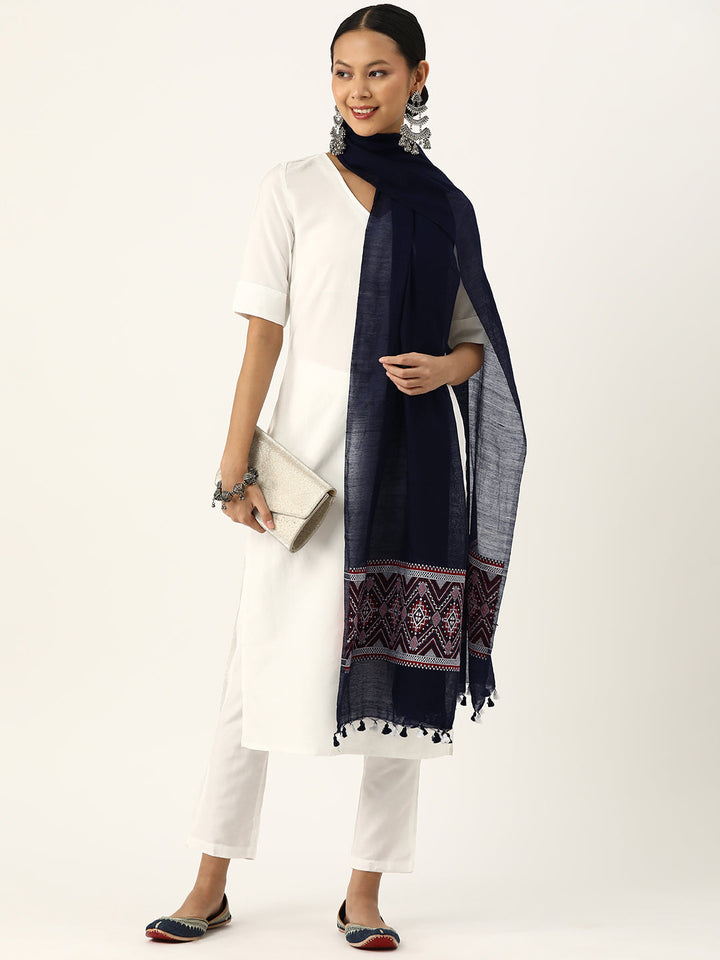Navy,Red & White Assamese Silk Cotton Dupatta with tassels | SHOBITAM
