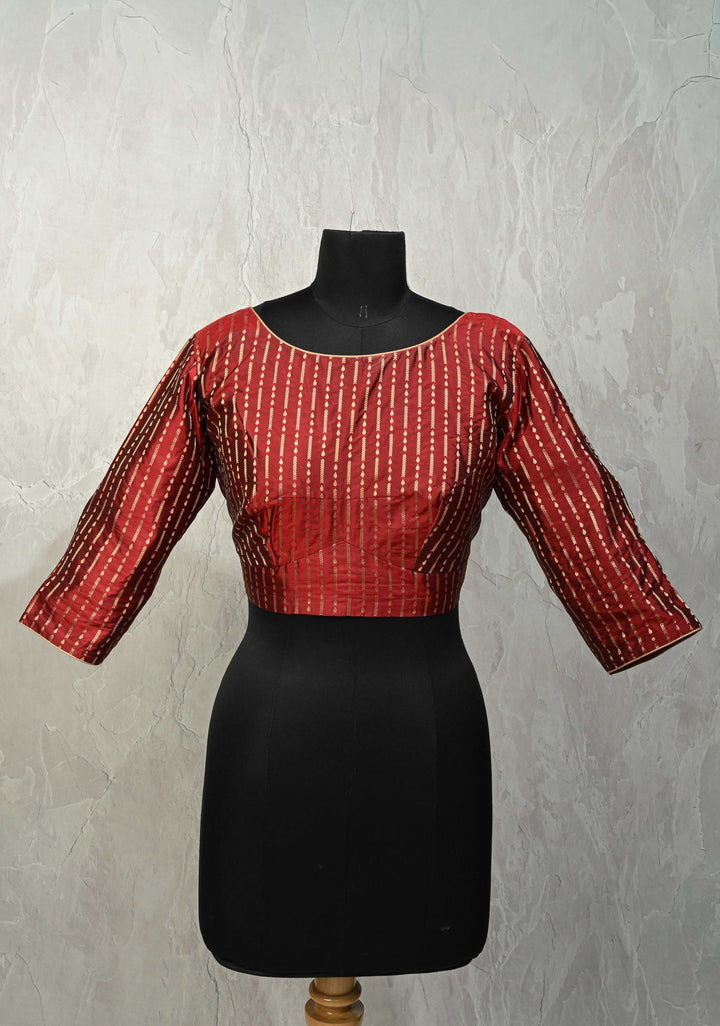 SIZE 42" Maroon Pure Silk Boat Neck Blouse with Zari Ornated Stripes and 3/4  Sleeves