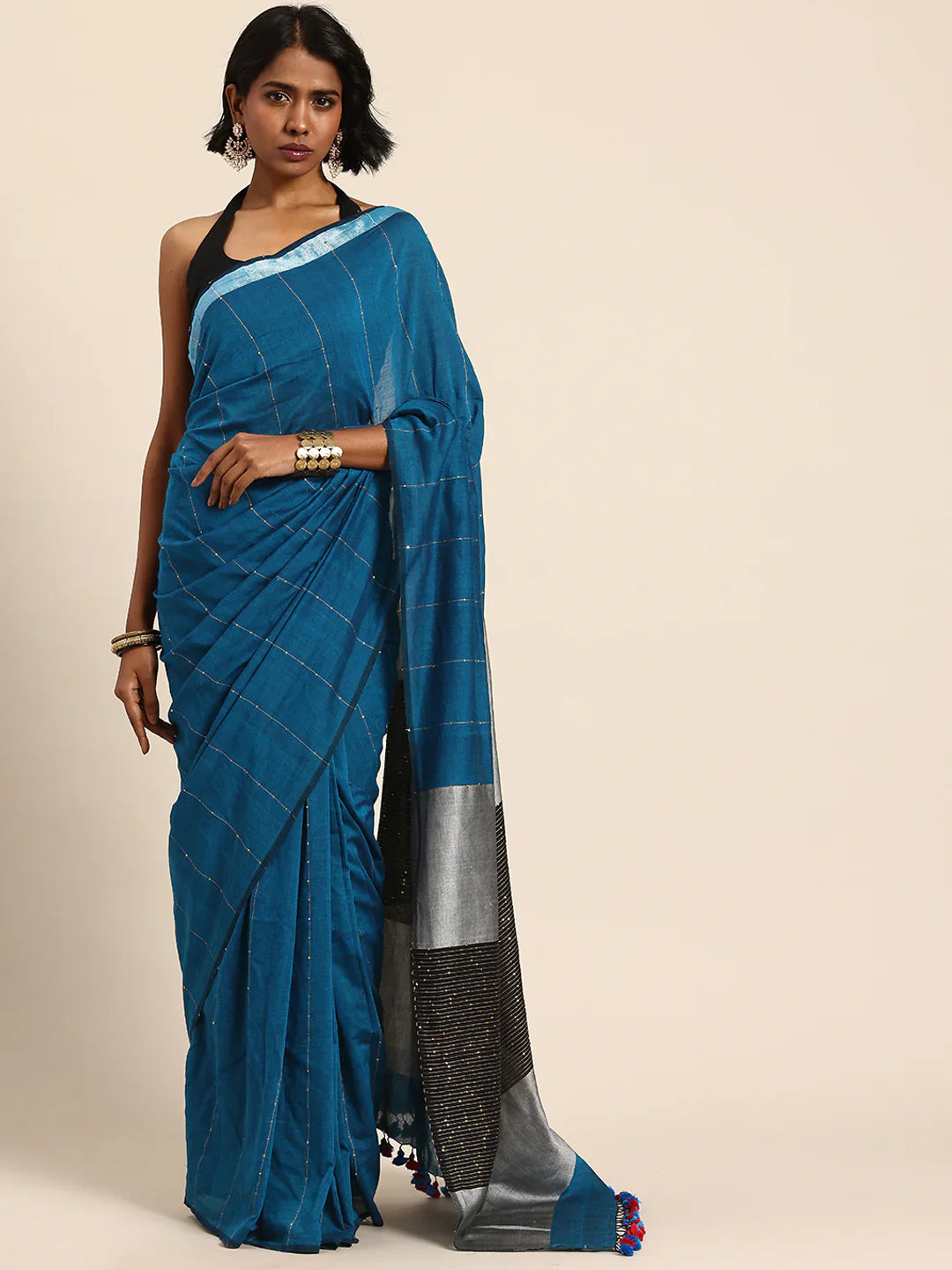 Blue Handloom Sequins Cotton Handloom Saree
