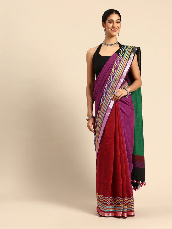Handloom Black Magenta Colorblock Cotton Kantha Saree