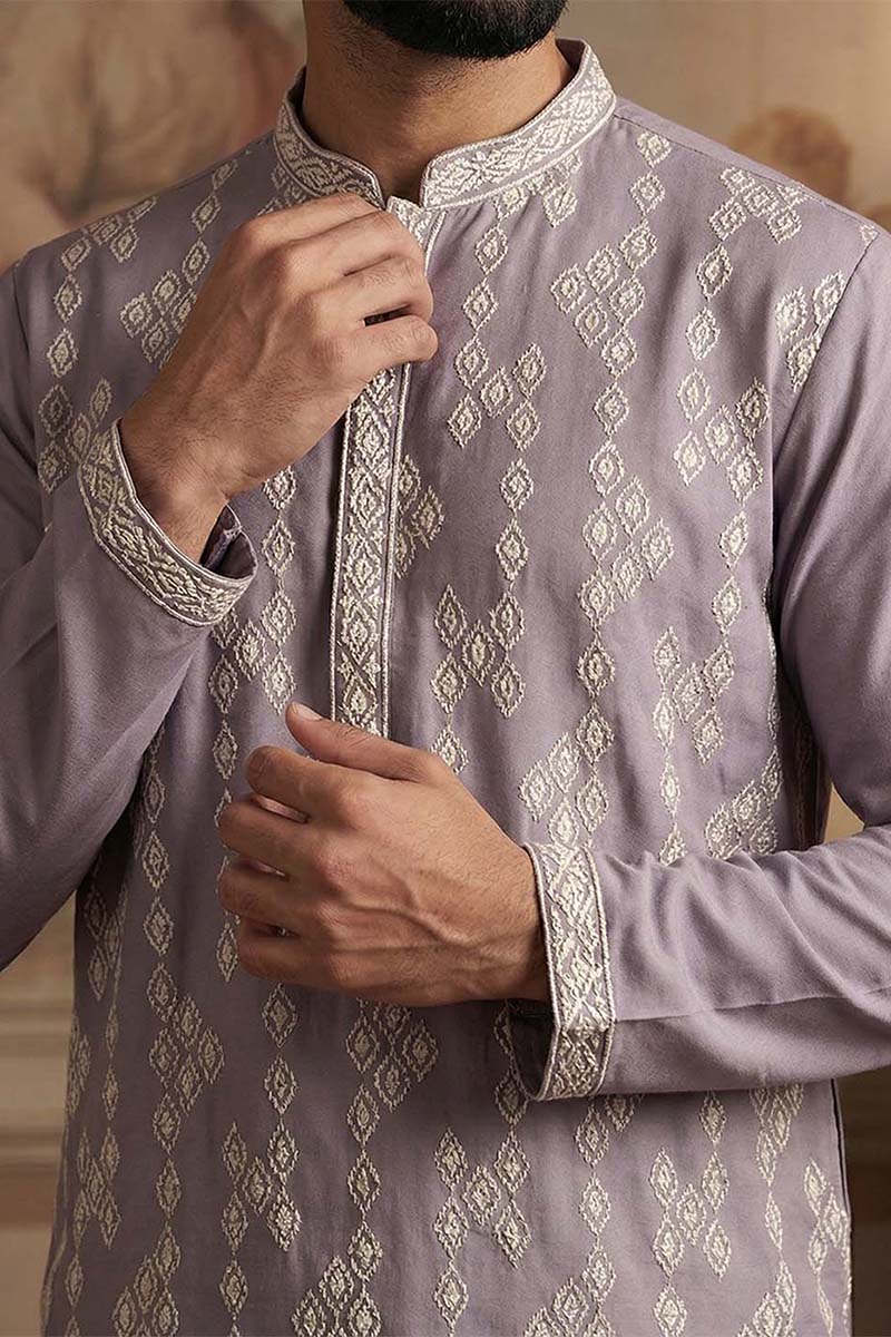 Silk Blend Lavender Solid Embroidered Calf Length Straight Kurta | SHOBITAM
