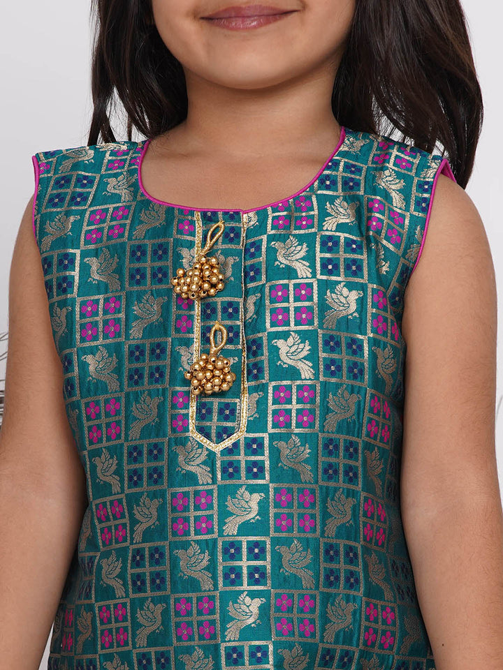 Girls Banarsi Kurta with Salwar and Dupatta - Peacock Green and Rani | SHOBITAM