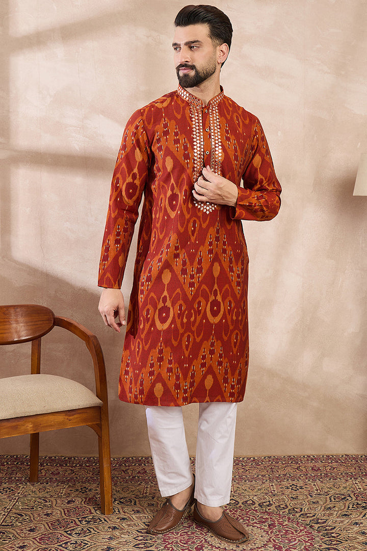 Orange Silk Blend Chevron Printed Straight Kurta With Trouser | SHOBITAM