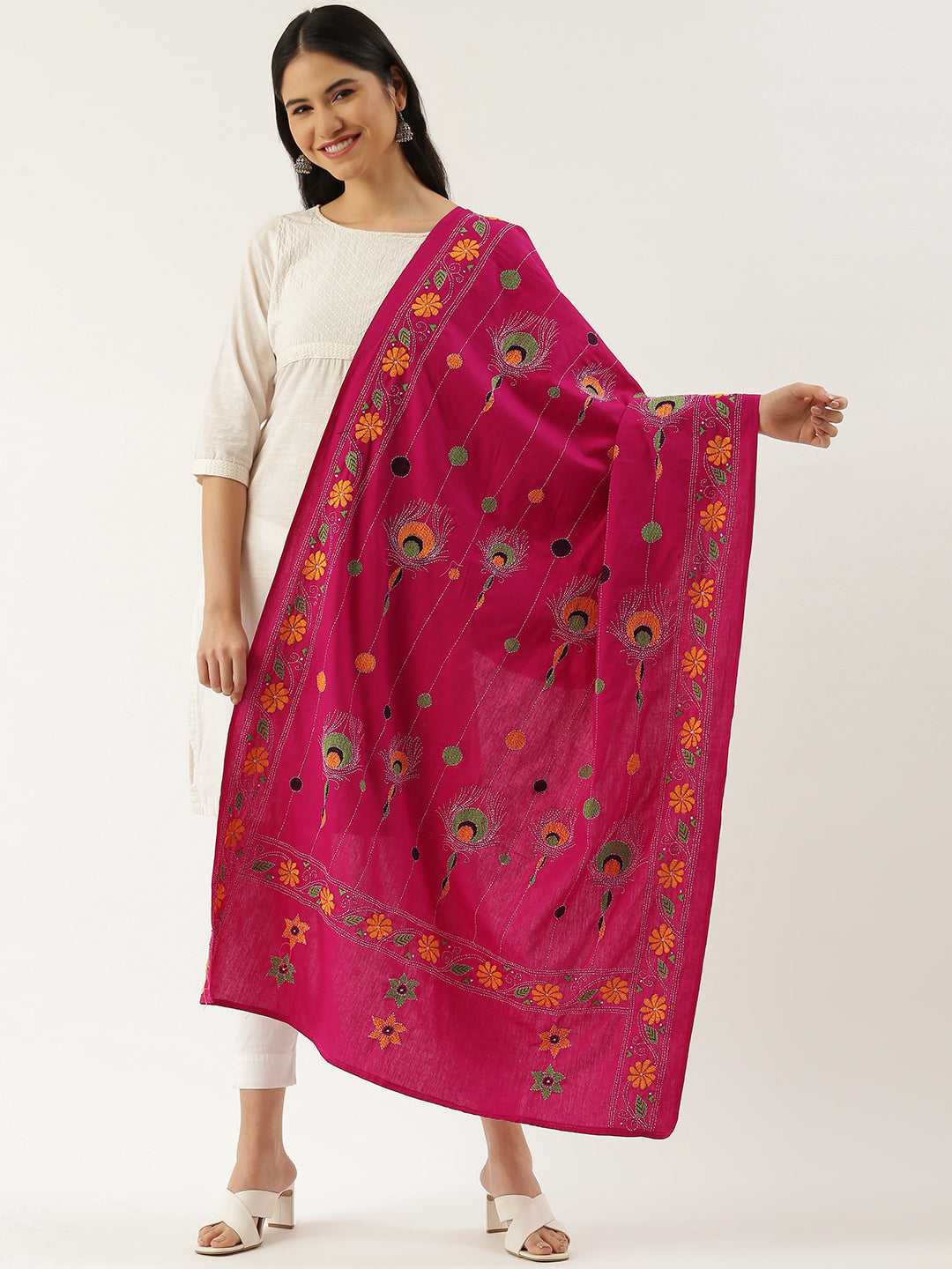 Magenta Yellow Kantha Cotton Dupatta | SHOBITAM