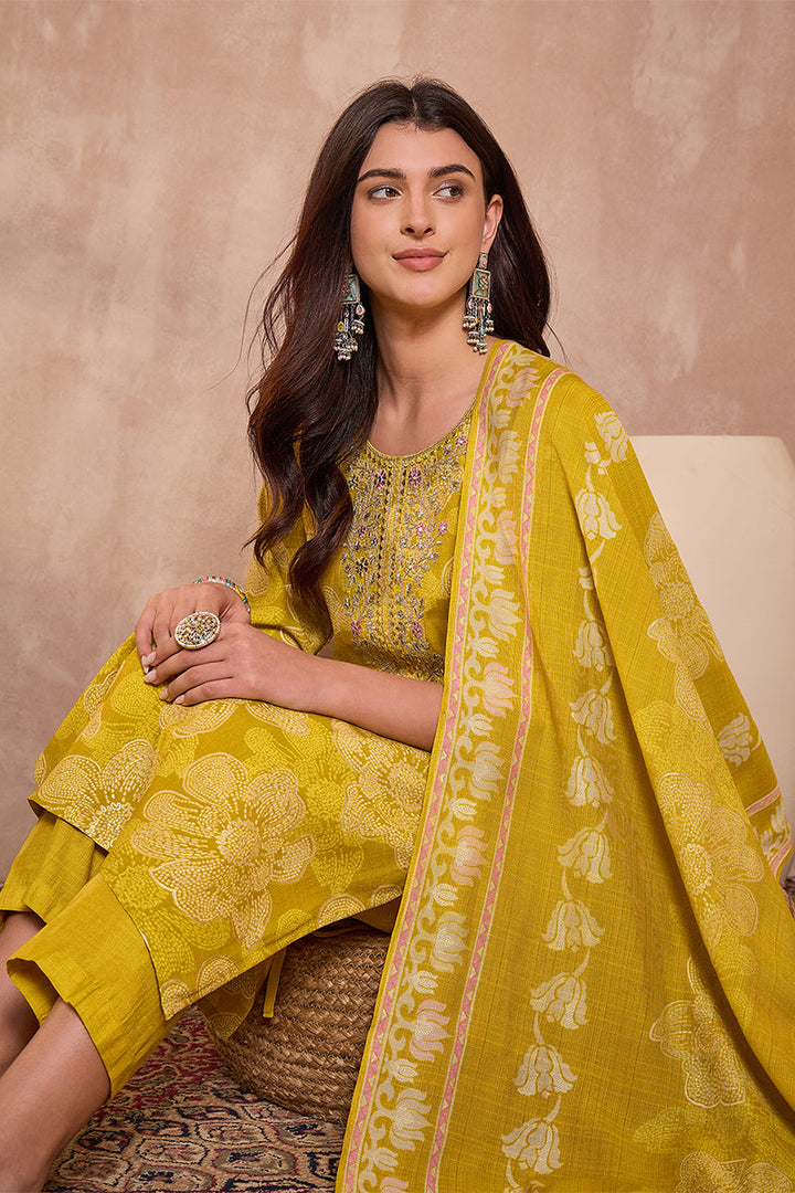 Yellow Poly Silk Floral Printed Straight Kurta Trouser With Dupatta | SHOBITAM