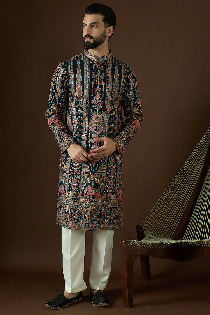 Teal Georgette Solid Embroidered Straight Kurta Sets | SHOBITAM