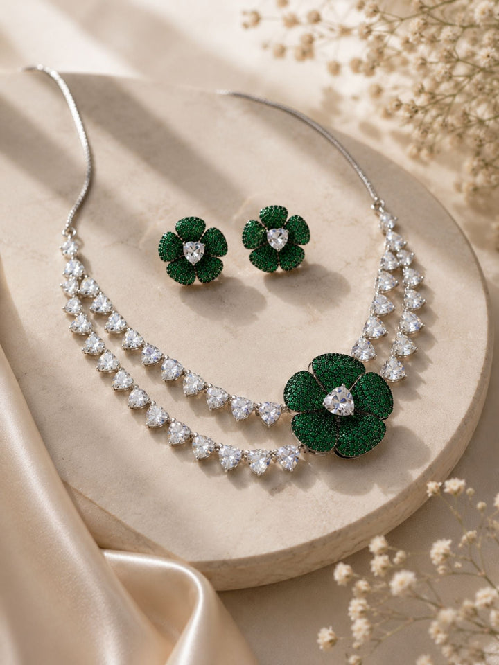 Emerald Bloom Floral Necklace Set with Crystal Petal Drops | SHOBITAM