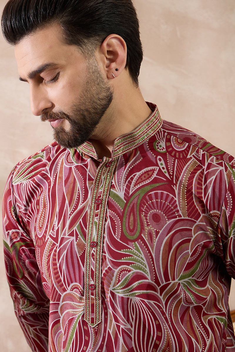 Red Silk Blend Printed Mandarin Collar Straight Kurta With Trouser | SHOBITAM