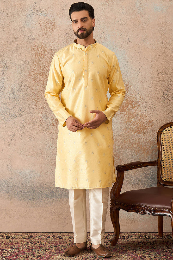 Mens Yellow Silk Blend Floral Straight Kurta With Trouser | SHOBITAM