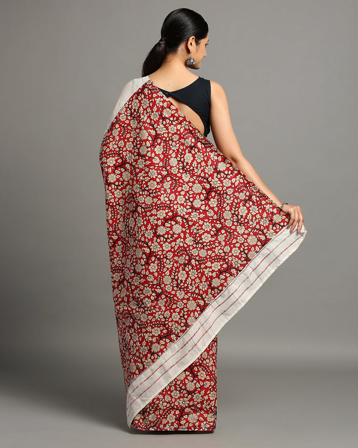 White Red Ajrak Print Khesh Cotton Saree with Blouse piece | SHOBITAM