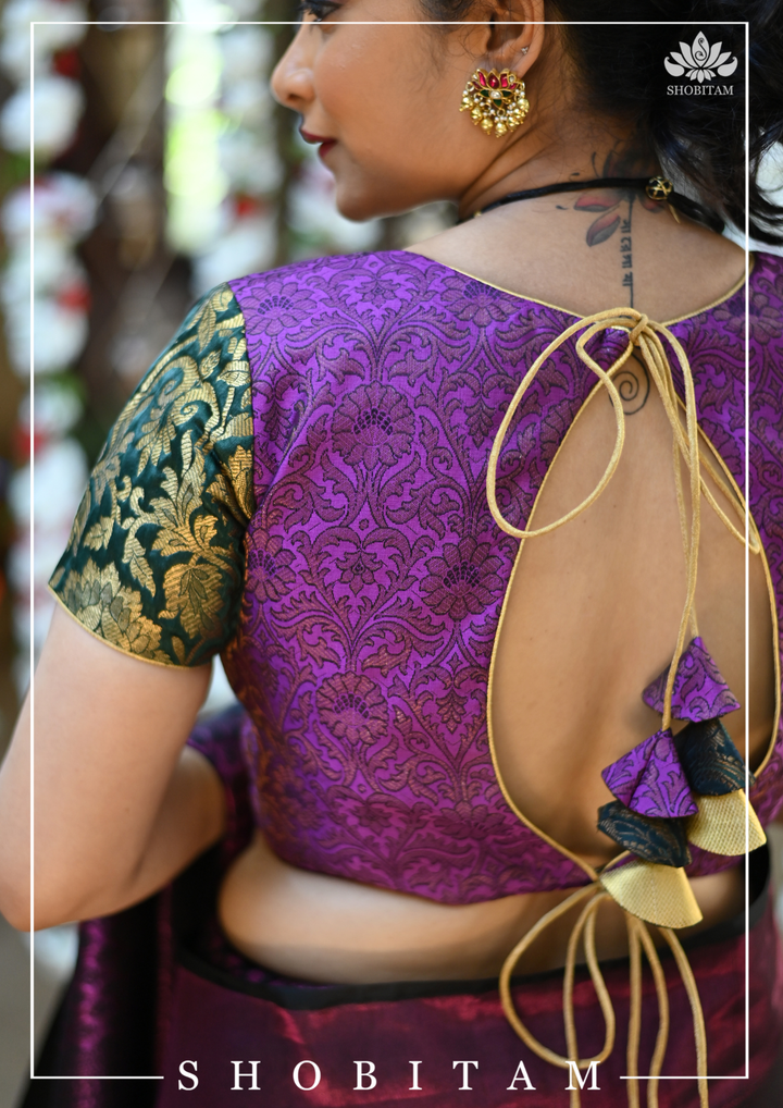 Purple and Black Banarasi Brocade Blouse with Tie back design | SHOBITAM