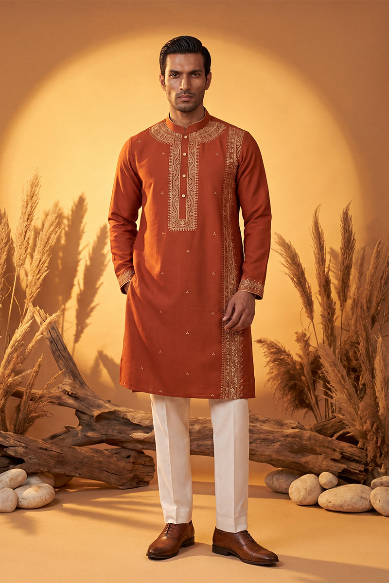 Mens Orange Silk Blend Solid Emboidered Straight Kurta With Trouser | SHOBITAM