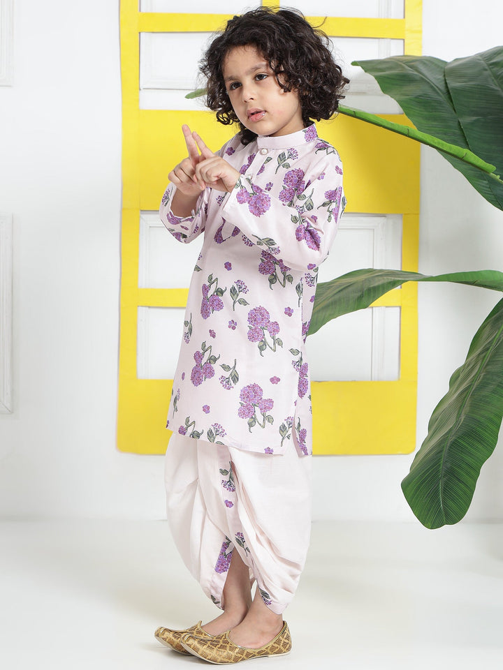 Petal Pink Floral Muslin Kurta with Cotton Dhoti | SHOBITAM