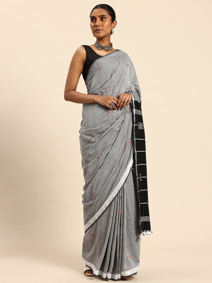 Grey Black Handloom Cotton Kantha Stitch Saree | SHOBITAM