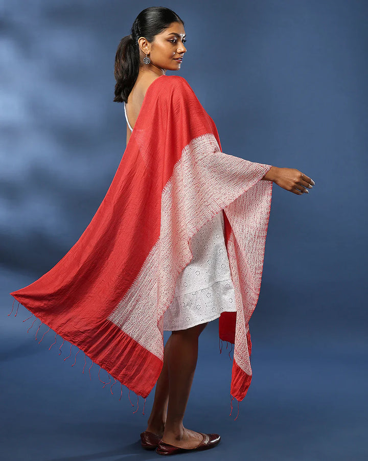 Red Hand Woven Pure Silk Shibori Stole