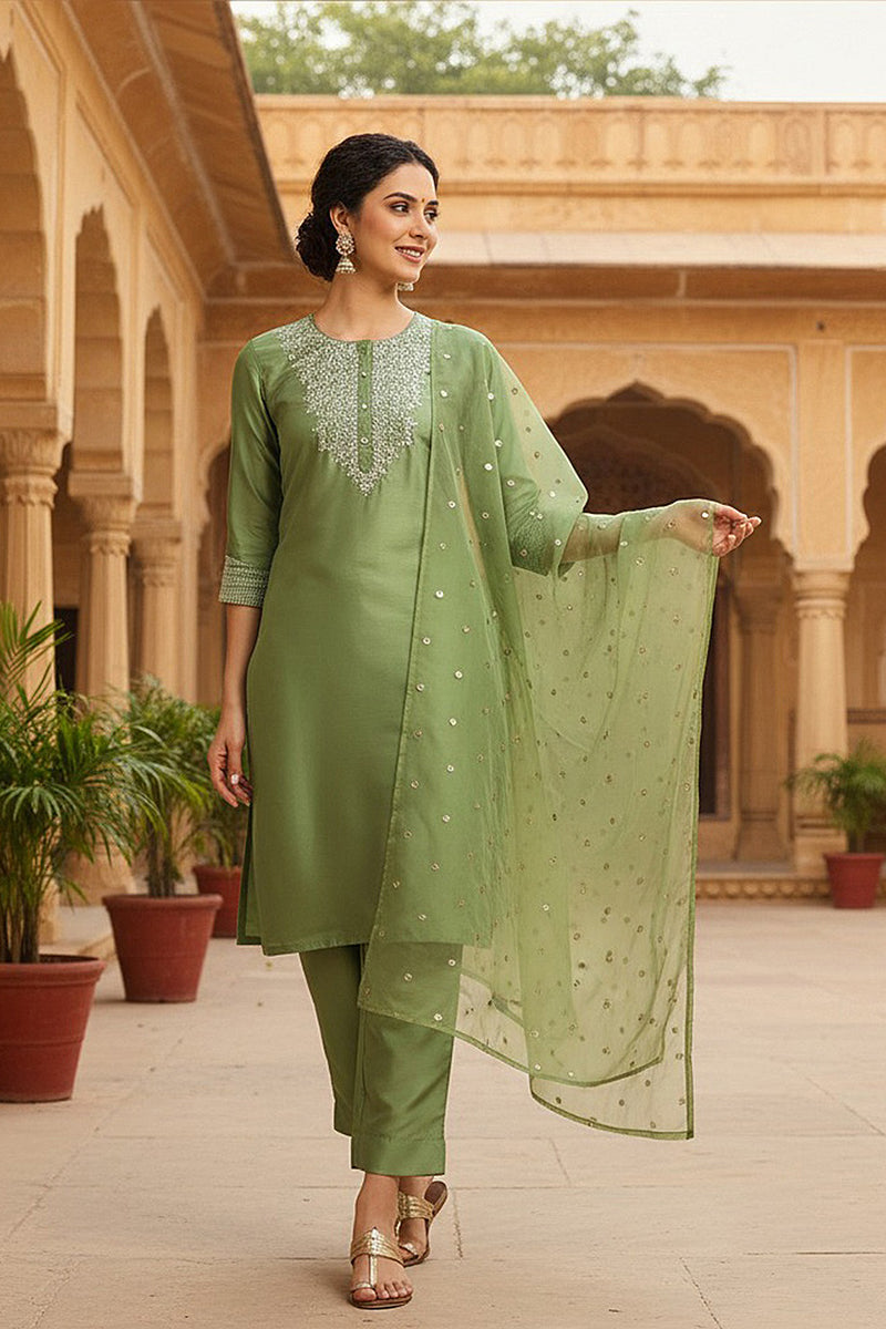 Green Poly Silk Solid Yoke Design Kurta Trousers With Dupatta | SHOBITAM