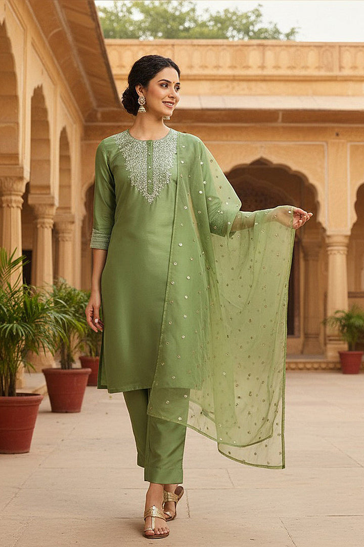 Green Poly Silk Solid Yoke Design Kurta Trousers With Dupatta | SHOBITAM
