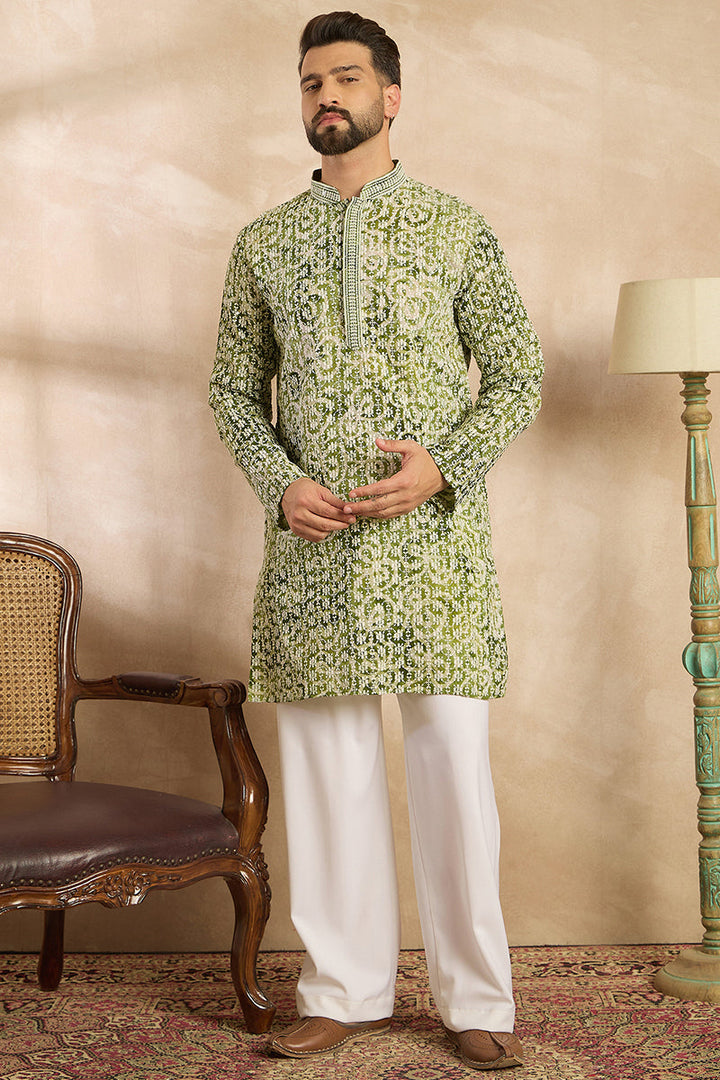 Green Viscose Rayon Batik Embroidered Straight Kurta With Trouser | SHOBITAM