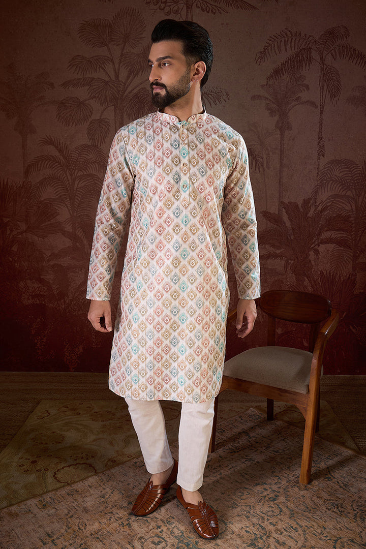 White Silk Blend Ethnic Motifs Printed Straight Kurta With Trouser | SHOBITAM