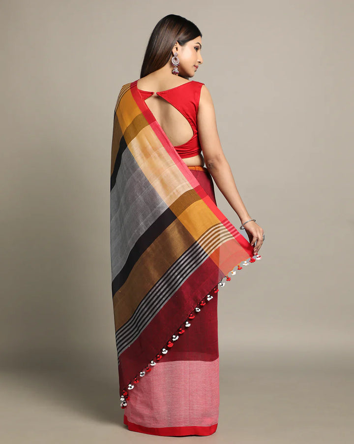 Maroon-Gray Handloom Color Block Cotton Saree