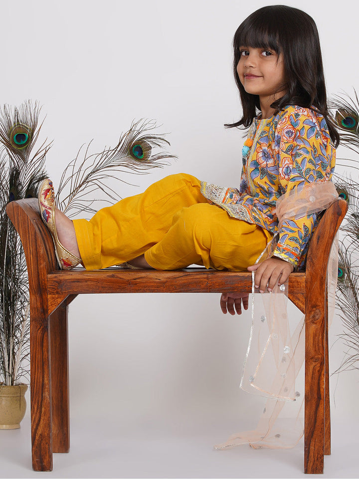 Girls Punjabi Floral work Kurta with Salwar & Dupatta in yellow | SHOBITAM