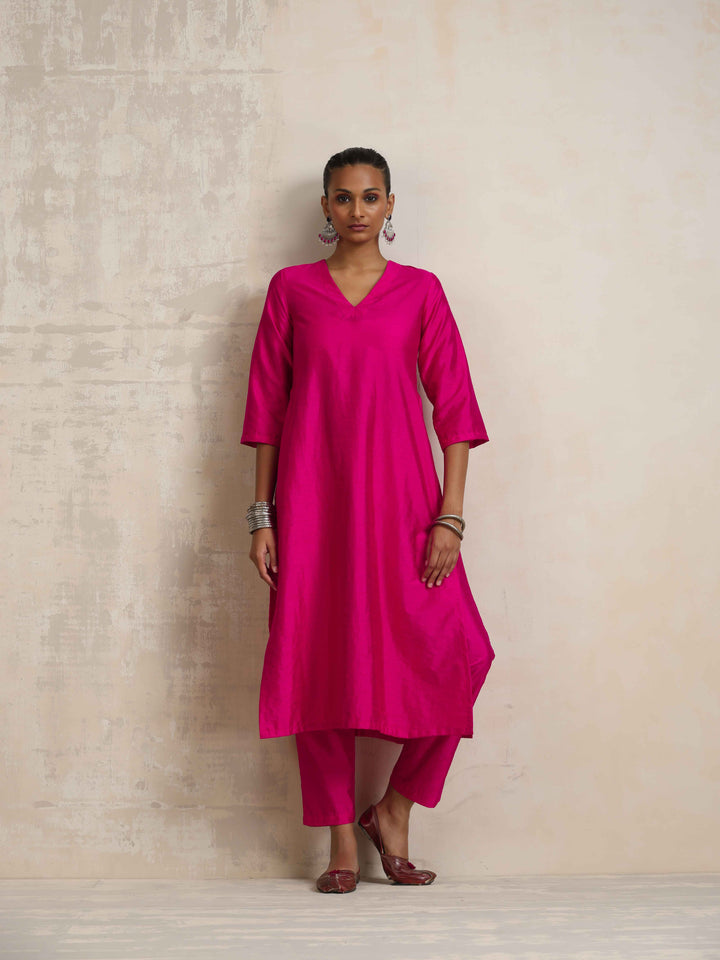 Pink Silk High Slit Kurta Set | SHOBITAM