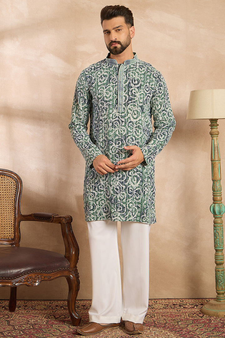 Green Viscose Rayon Batik Embroidered Straight Kurta | SHOBITAM