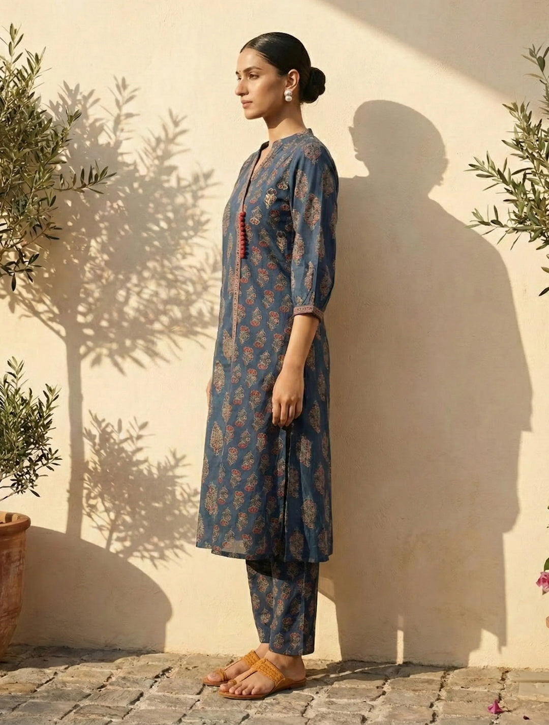 Blue Boota Print Angrakha Kurta Pant Dupatta Set | SHOBITAM