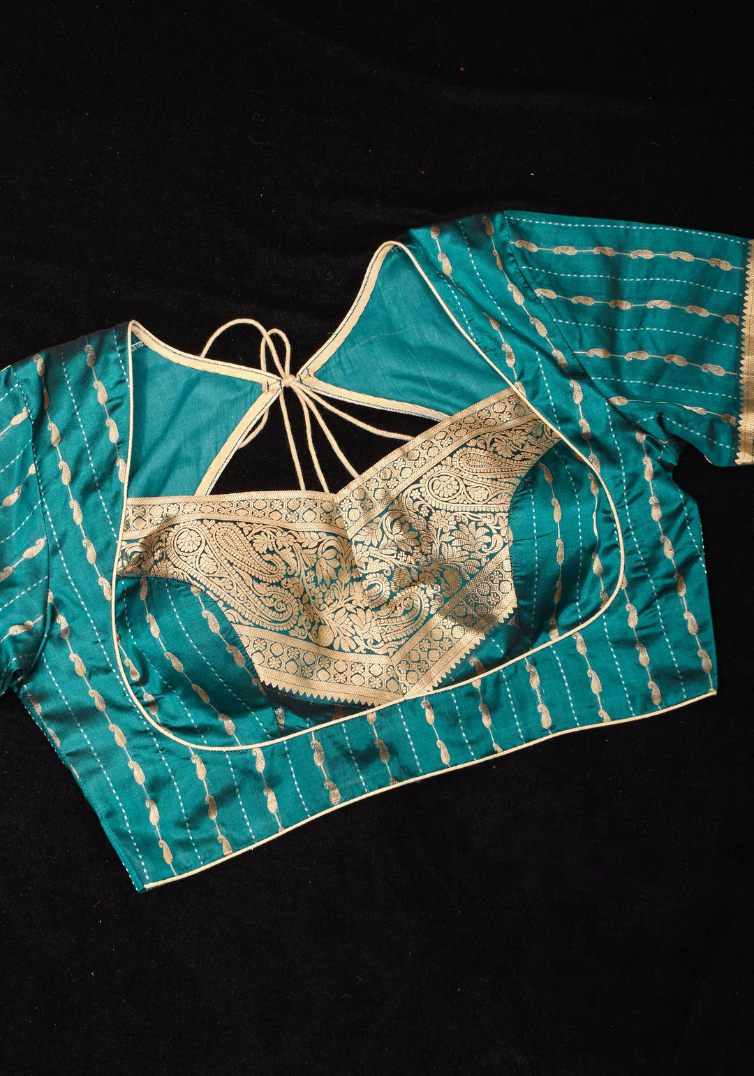 Peacock Blue Banarasi buti blouse with zari yoke detailing, made to order