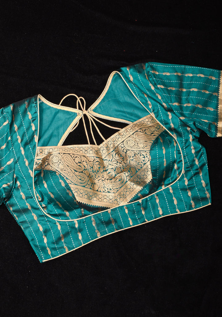 Peacock Blue Banarasi buti blouse with zari yoke detailing, made to order