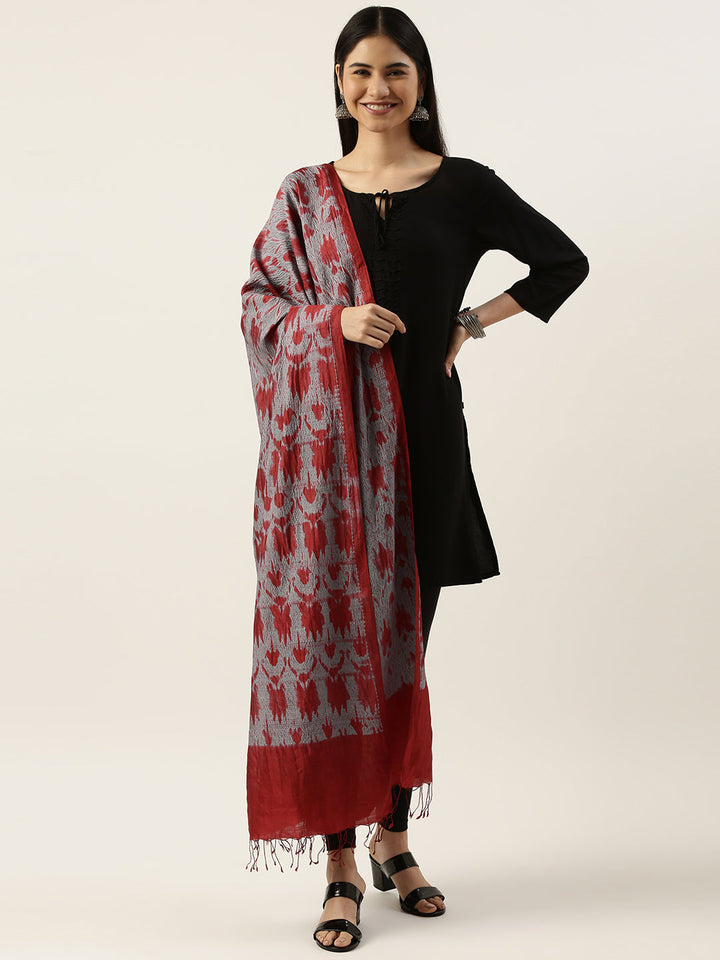 Grey Red Shibori Tussar by Spun Silk Dupatta | SHOBITAM