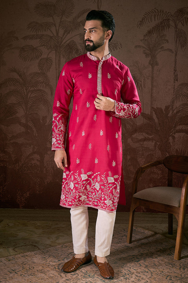 Pink Silk Blend Solid Embroidered Straight Kurta With Trouser | SHOBITAM