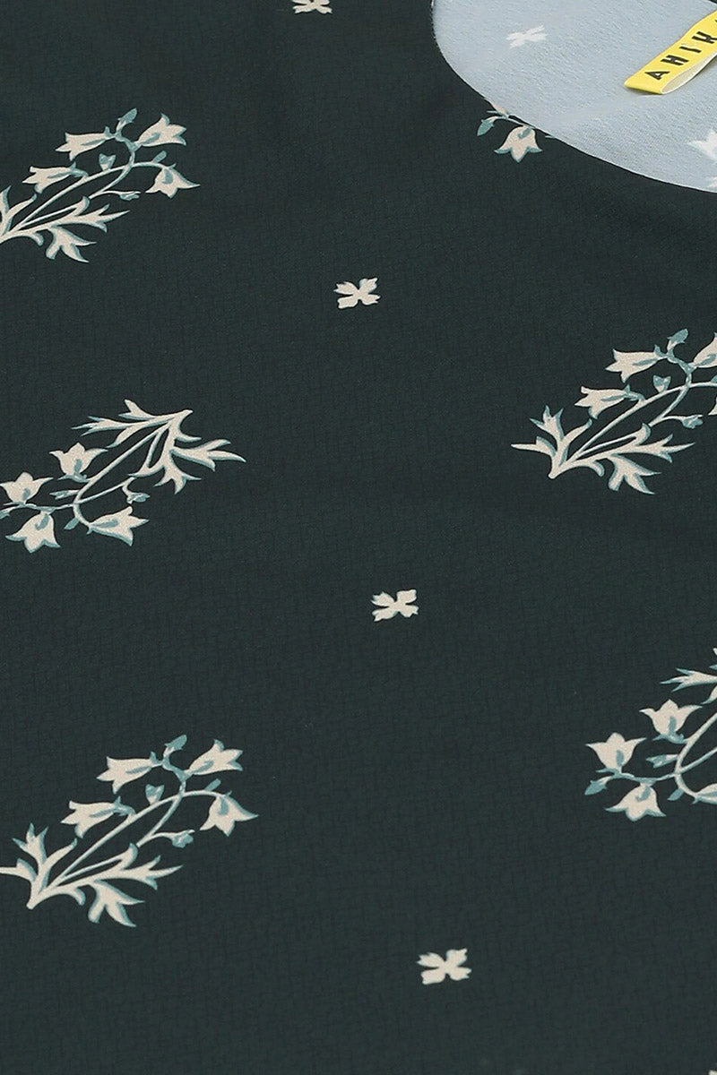 Dark Green Poly Crepe Floral Printed Straight Suit Set | SHOBITAM