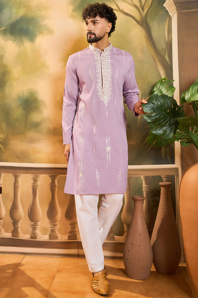 Lavender Silk Blend Solid Embroidered Straight Kurta with Trouser | SHOBITAM