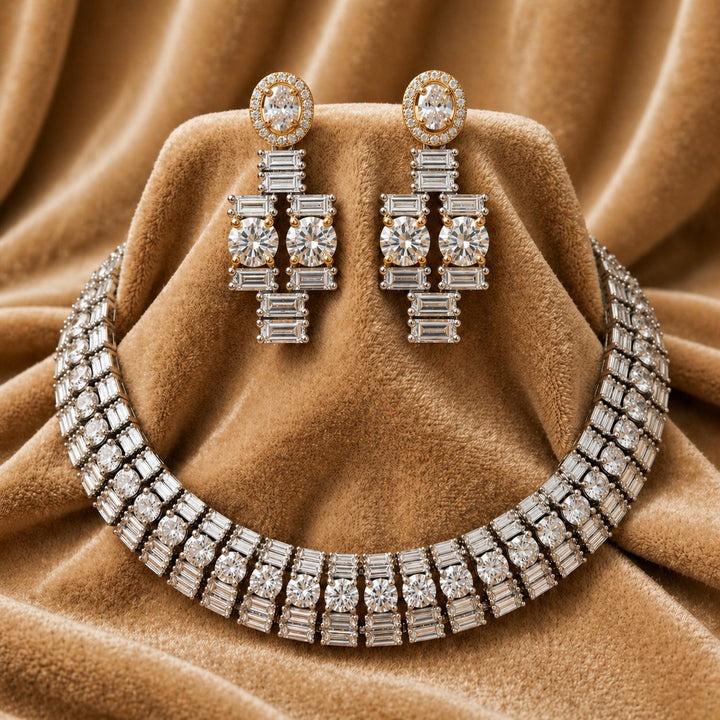Silver & Gold CZ Baguette Collar Necklace Set with Geometric Drop Earrings | SHOBITAM