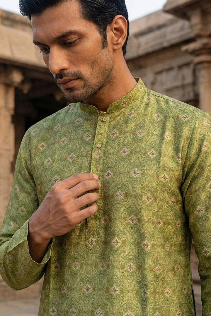 Green Silk Blend Printed Straight Kurta | SHOBITAM