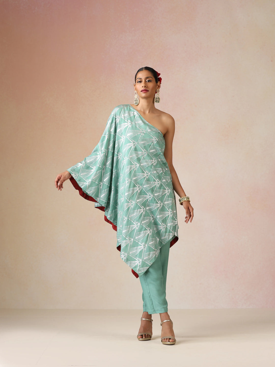 Mint Green Silver Foil Print Muslin Silk Asymmetric One-Shoulder Kurta Co-ord Set | SHOBITAM