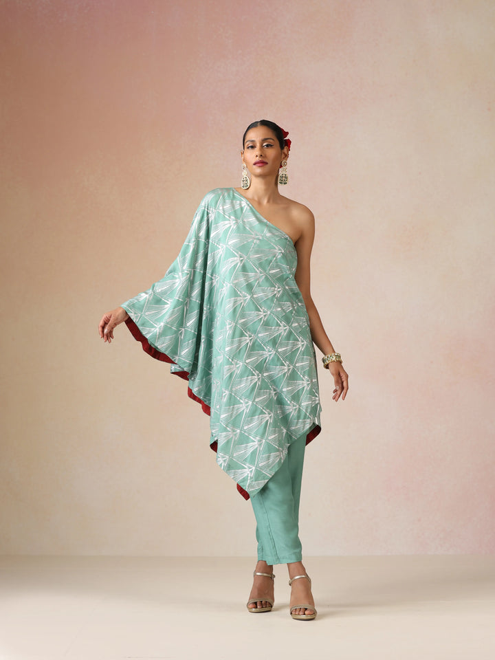 Mint Green Silver Foil Print Muslin Silk Asymmetric One-Shoulder Kurta Co-ord Set | SHOBITAM