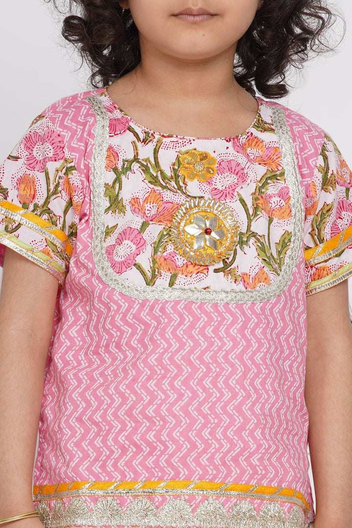 Girls Kali Work Floral Lehenga with Long Jaipuri Kurta and Dupatta in Pink | SHOBITAM