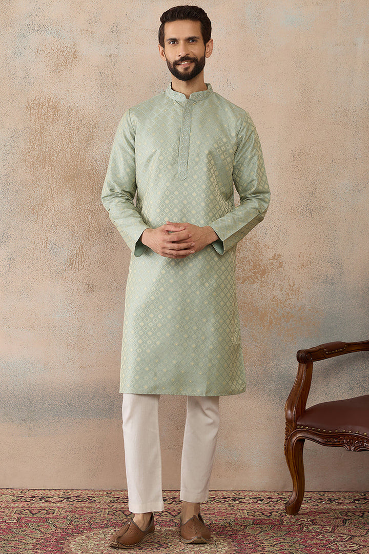 Mens Teal Jacquard Ethnic Motifs Embroidered Kurta | SHOBITAM