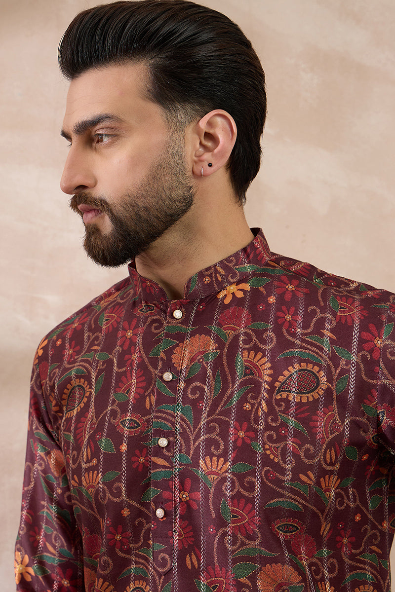 Maroon Silk Blend Printed Mandarin Collar Straight Kurta | SHOBITAM