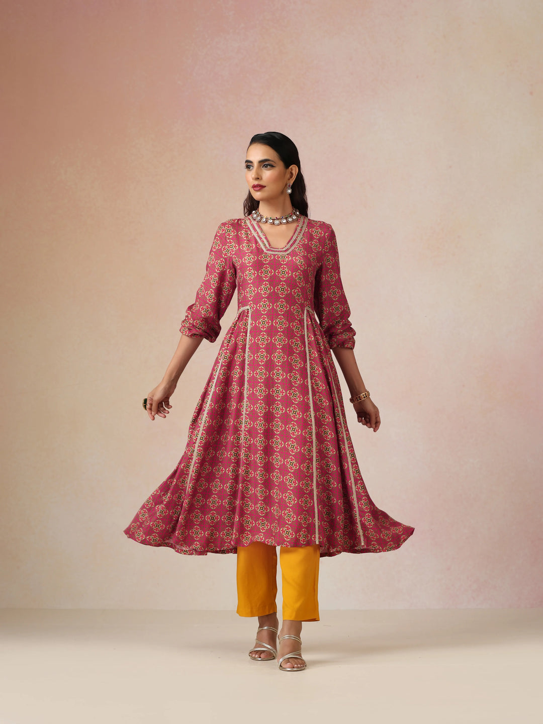 Pink Print Viscose Fit And Flared Kurta Set| SHOBITAM