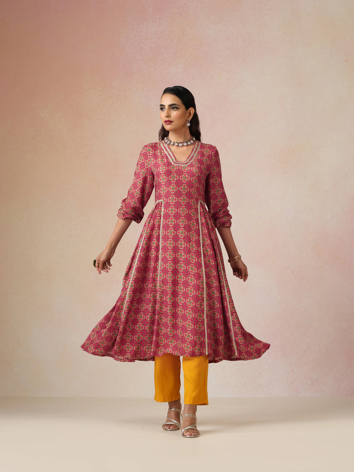 Pink Print Viscose Fit And Flared Kurta Set| SHOBITAM