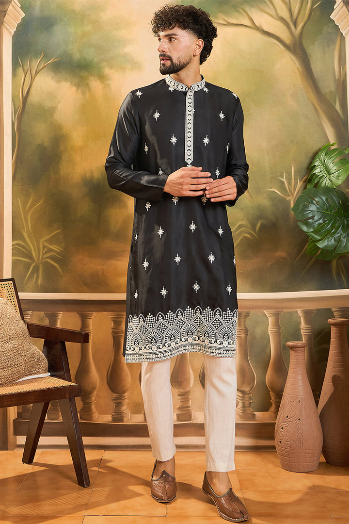 Black Silk Blend Solid Embroidered Straight Kurta | SHOBITAM