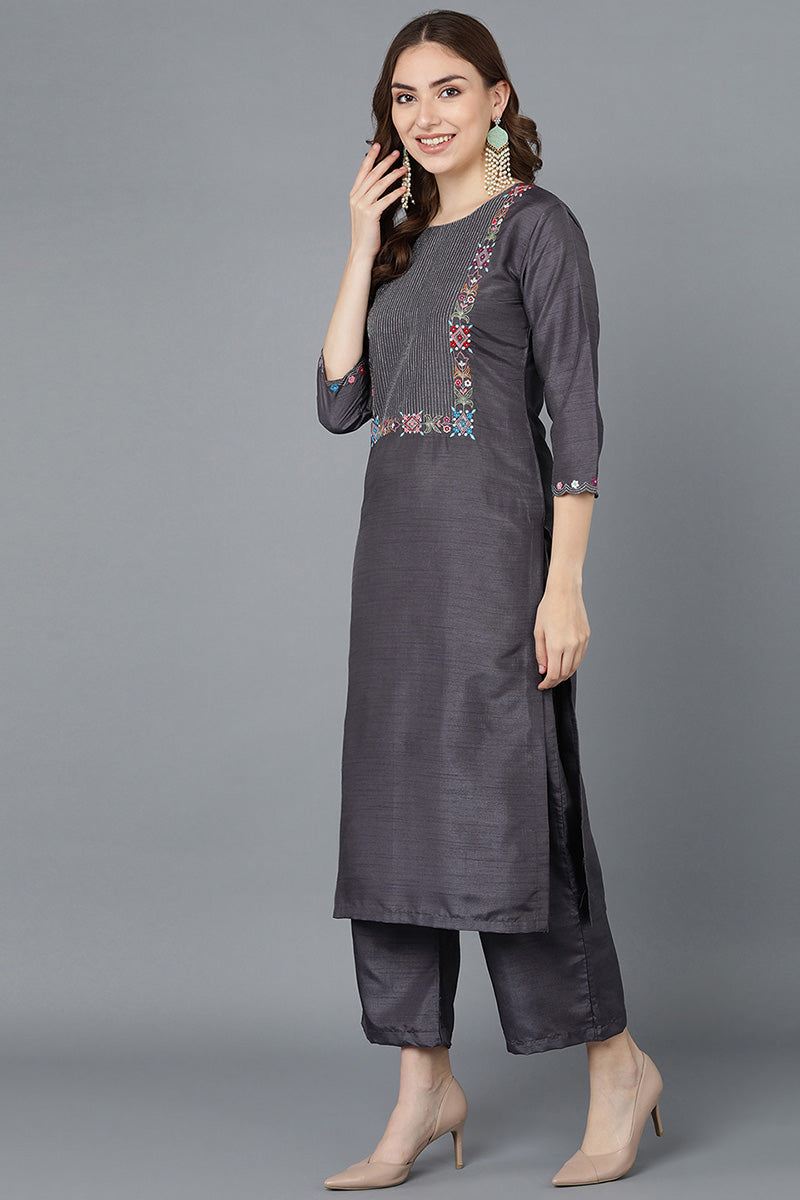 Women Charcoal Poly Silk Embroidered Kurta Trousers With Dupatta  | SHOBITAM