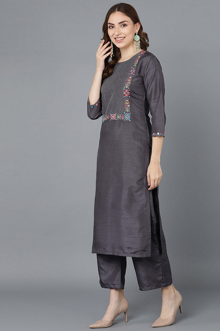 Women Charcoal Poly Silk Embroidered Kurta Trousers With Dupatta  | SHOBITAM