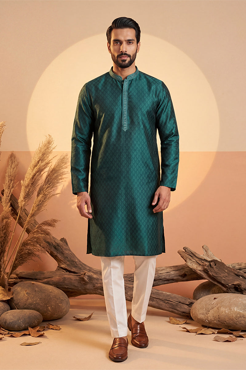 Mens Green Silk Blend Woven Design Straight Kurta With Trouser | SHOBITAM