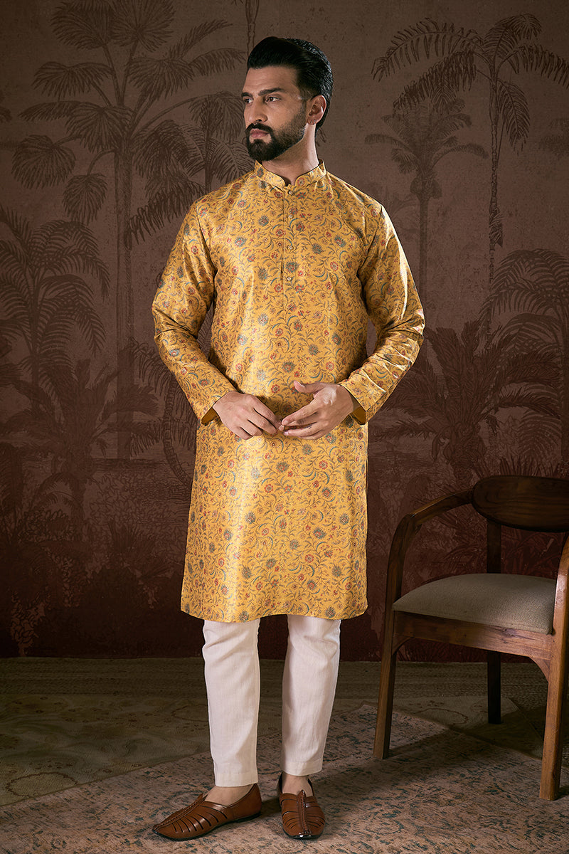 Yellow Silk Blend Floral Printed Straight Kurta With Trouser | SHOBITAM