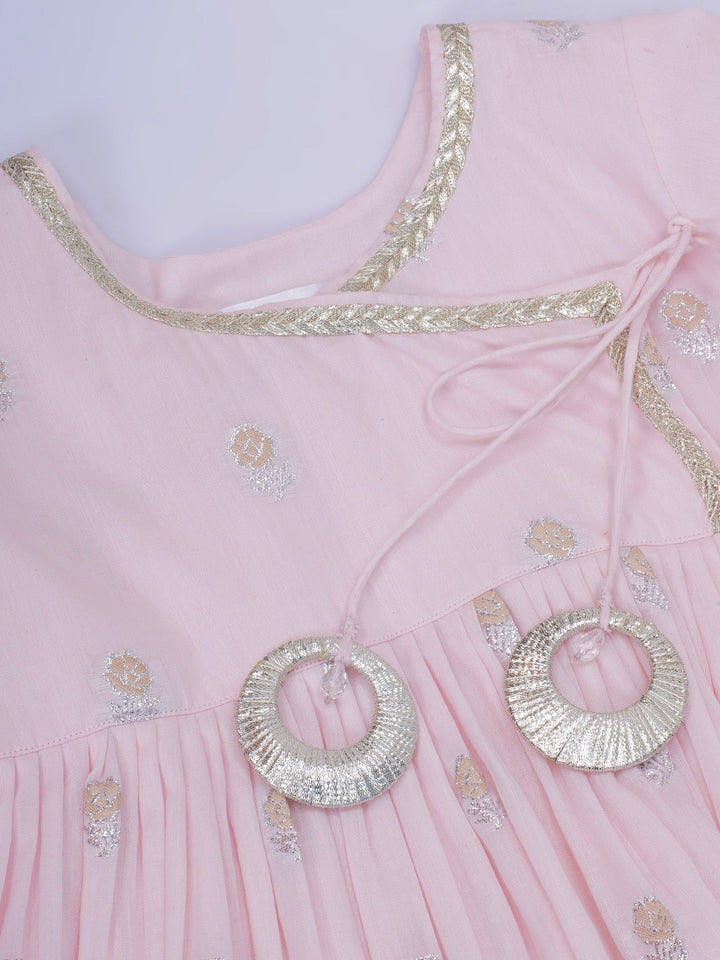 Girls Cotton Three Fourth Sleeves Angrakha Kurta with Pyjami and Net Dupatta with Floral Zari Work - Pink